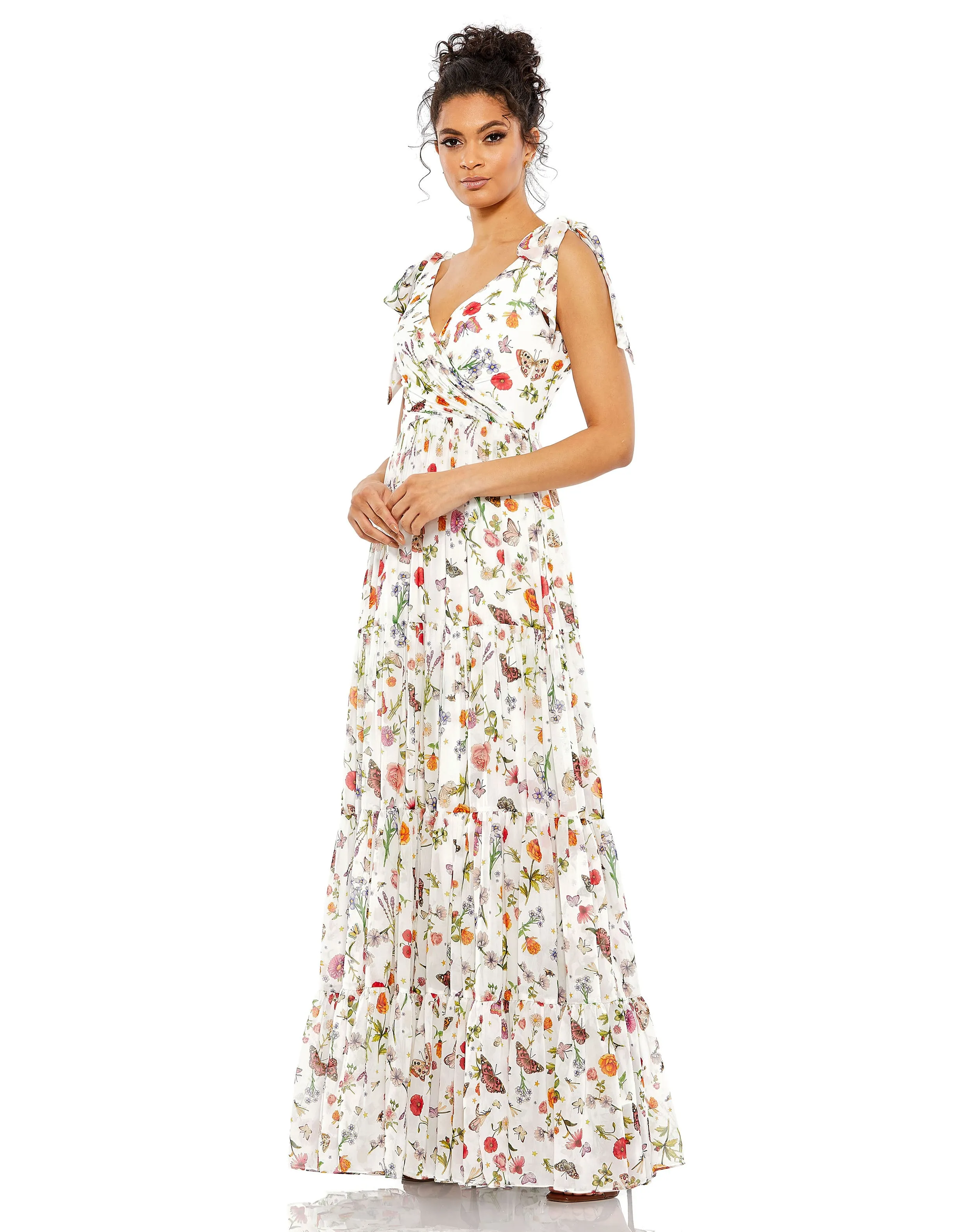 White Floral Print Sleeveless Soft Tie Shoulder Gown sold by Mac Duggal