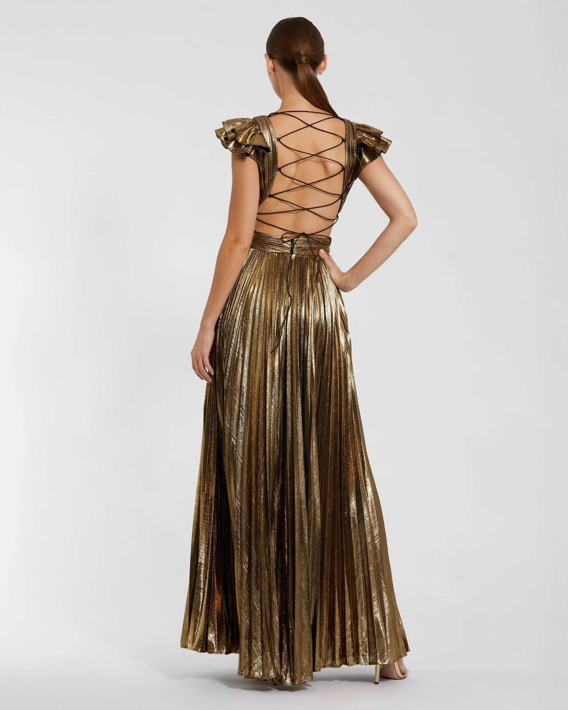 Gold Ruffle Sleeve Cutout Pleated Metallic Gown sold by Mac Duggal product image thumbnail 4
