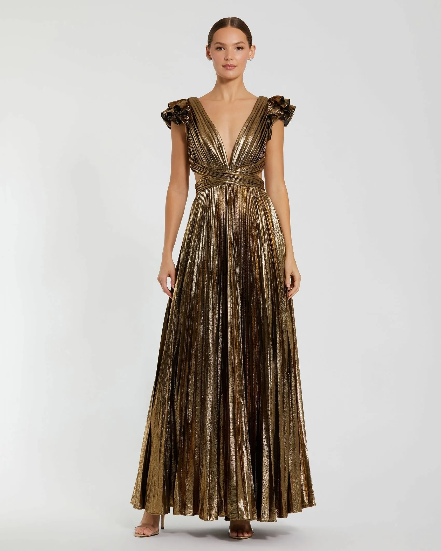Gold Ruffle Sleeve Cutout Pleated Metallic Gown sold by Mac Duggal