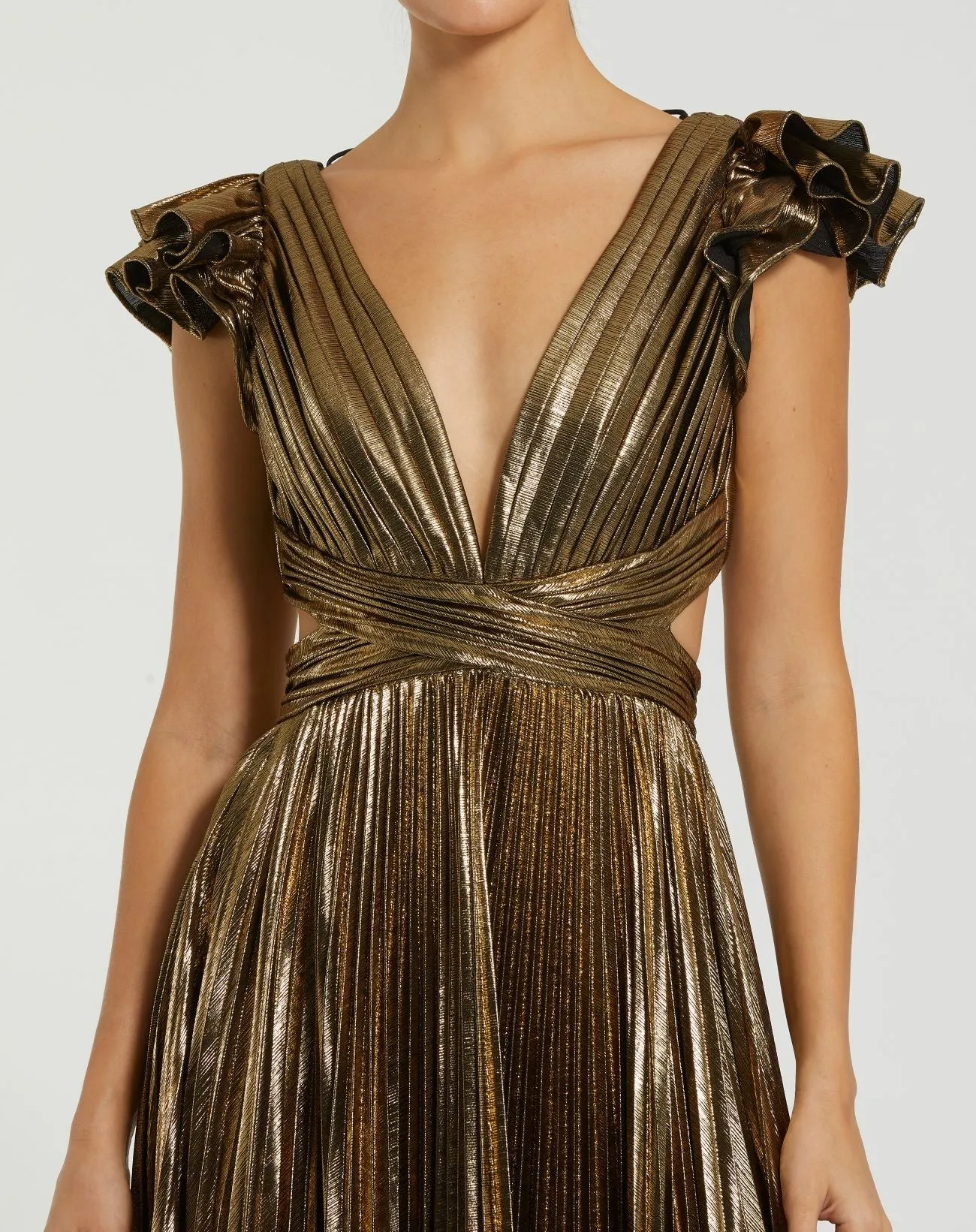 Gold Ruffle Sleeve Cutout Pleated Metallic Gown sold by Mac Duggal product image thumbnail 2