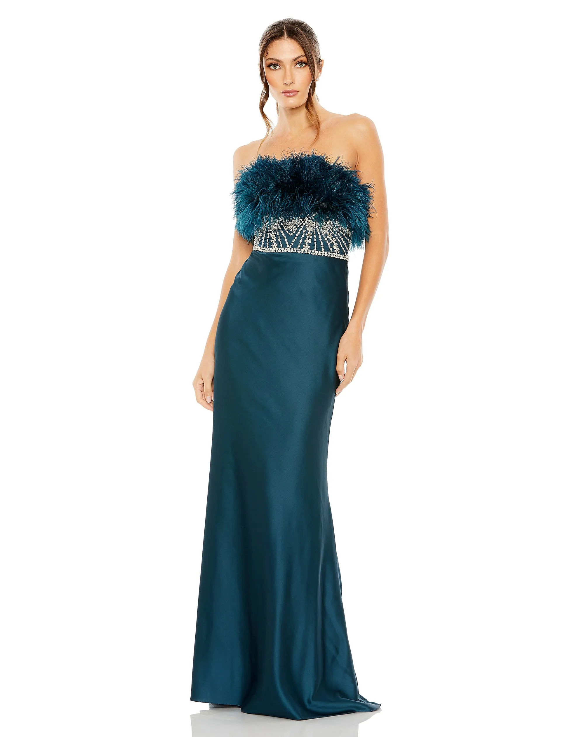 Strapless Feather Rhinestone Detailed Gown sold by Mac Duggal