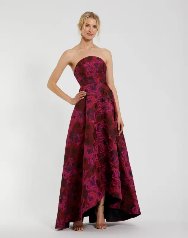 Multicolor Strapless Brocade High Low A Line Gown sold by Mac Duggal