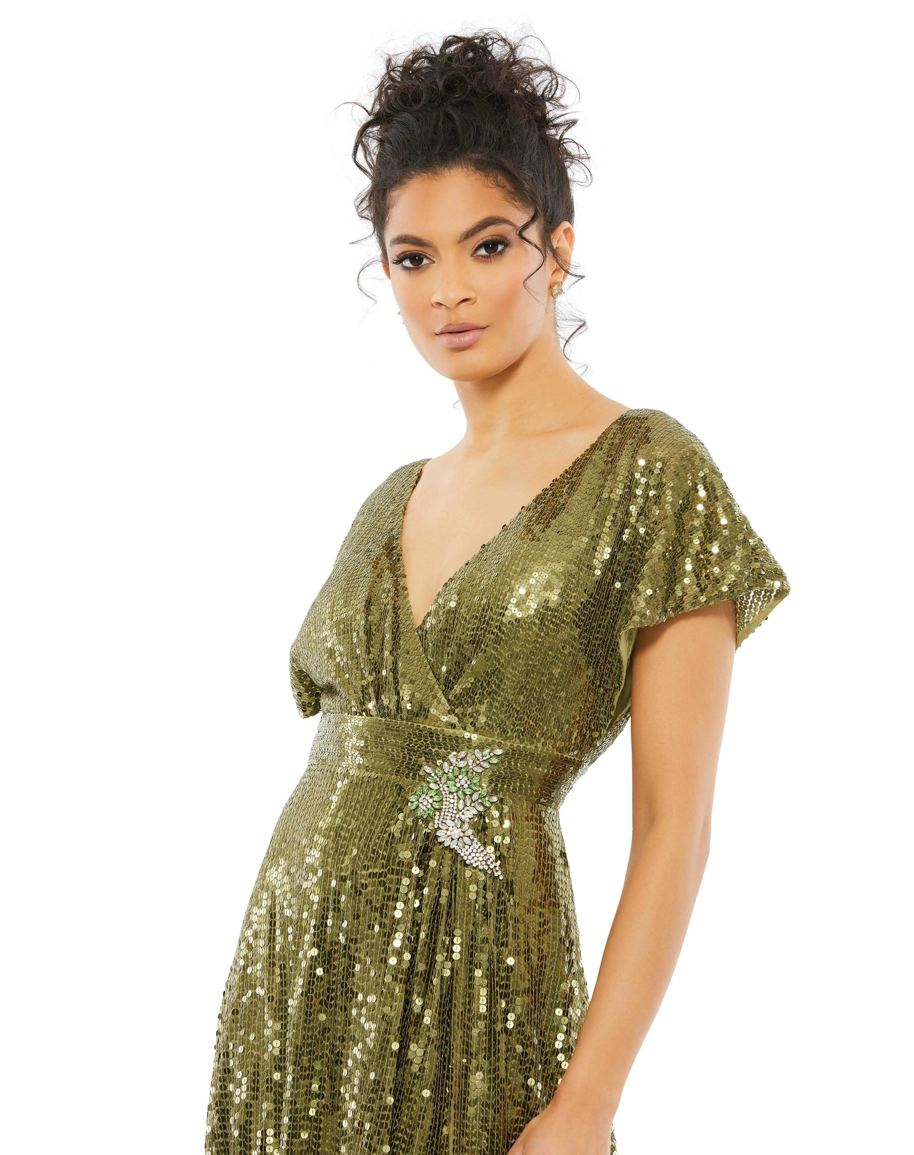 Green Sequined Butterfly Sleeve Wrap Over A Line Gown sold by Mac Duggal product image thumbnail 2