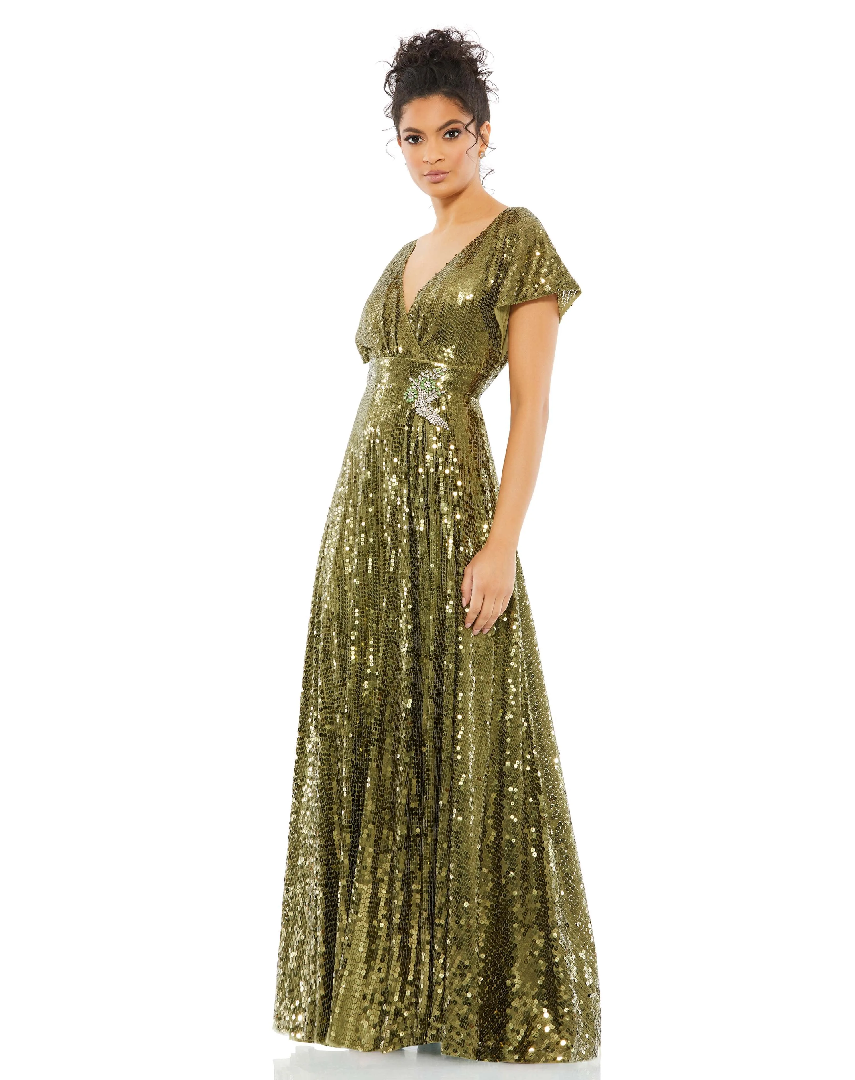 Green Sequined Butterfly Sleeve Wrap Over A Line Gown sold by Mac Duggal