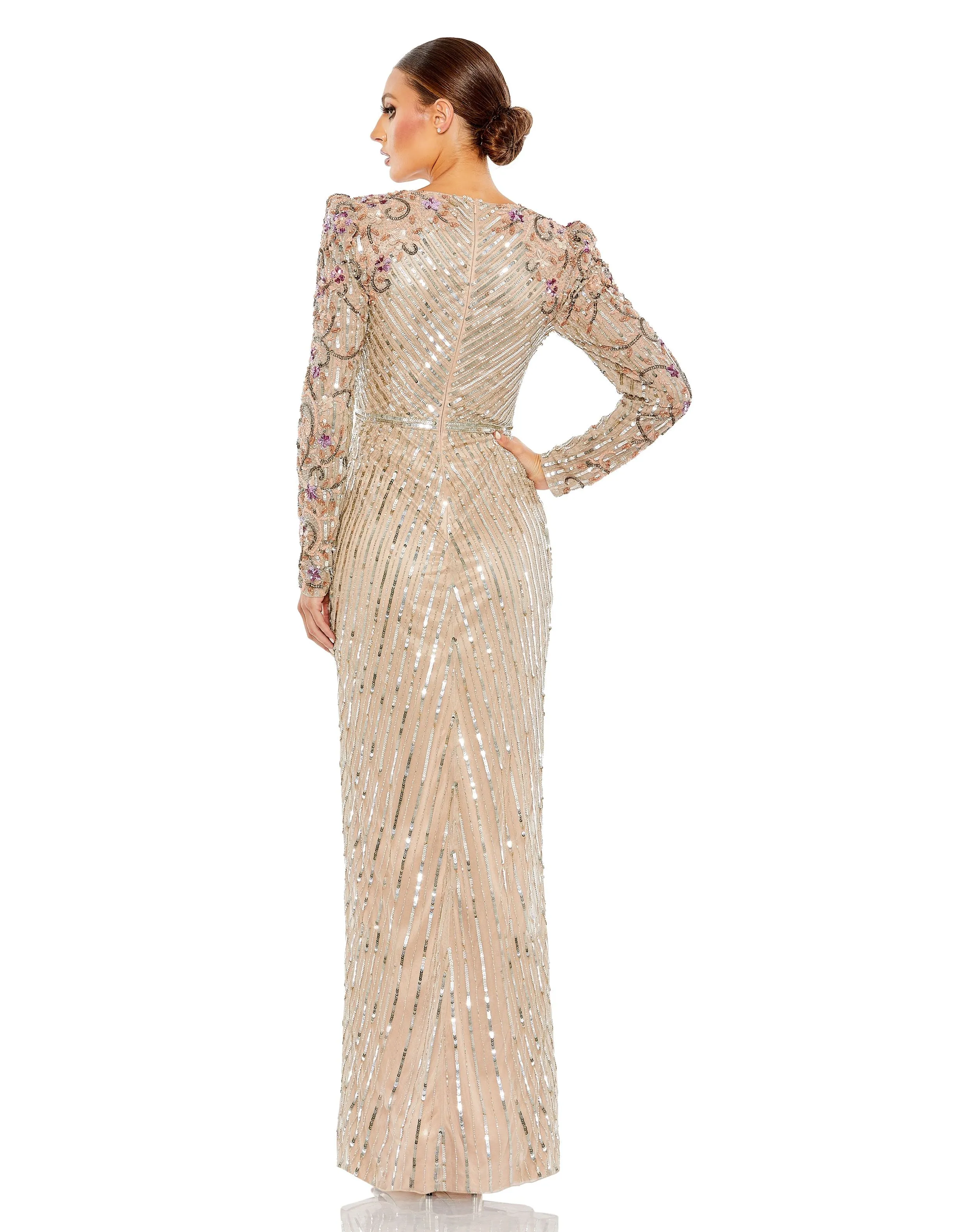 Beige Long Sleeve Embellished Puff Sleeve Faux Wrap Gown sold by Mac Duggal product image thumbnail 3