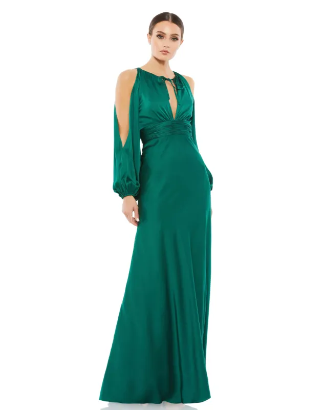 Green Tied Keyhole Cold Shoulder Bishop Sleeve Gown sold by Mac Duggal
