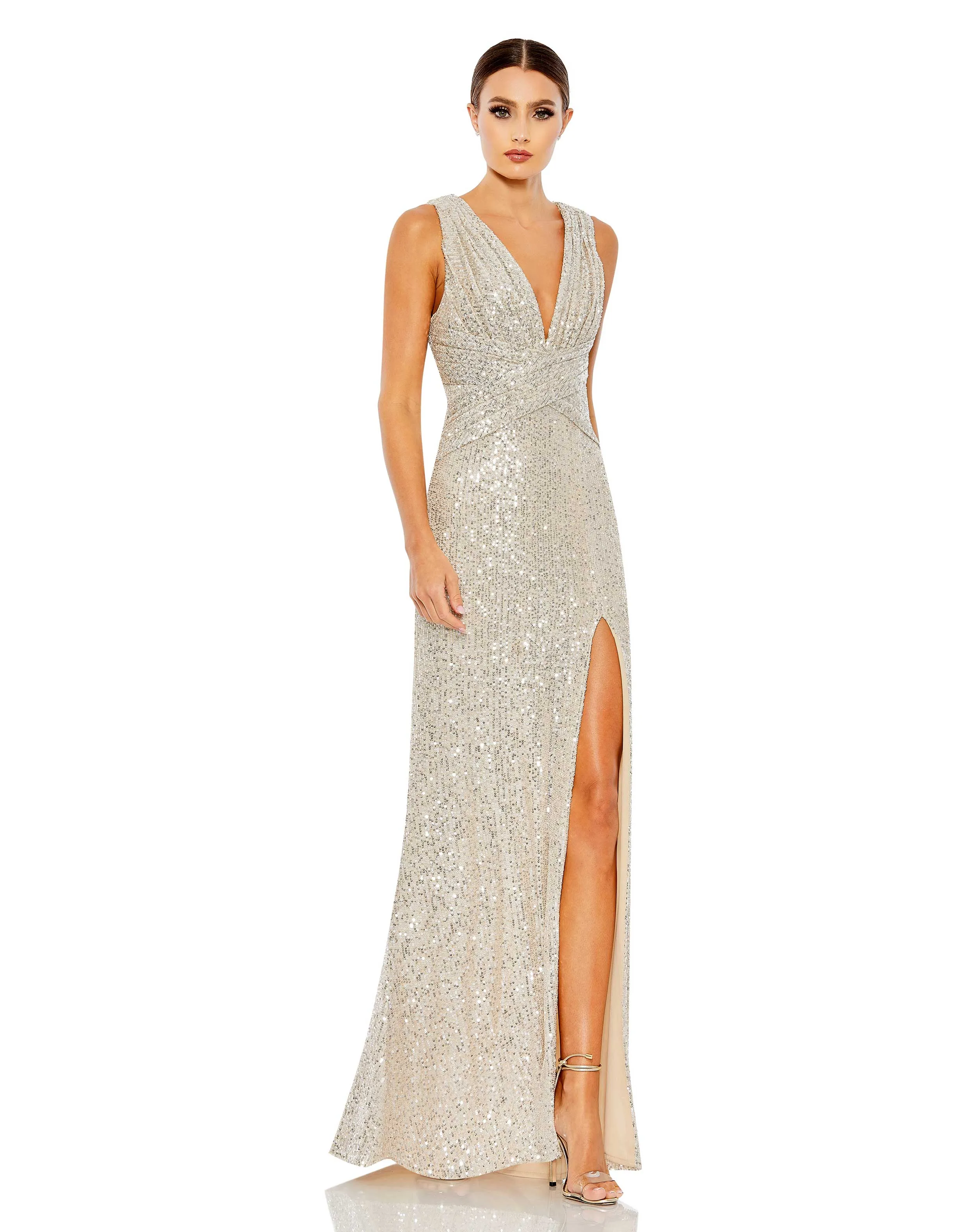 White V-Neck Sequin Wrap Waist Gown sold by Mac Duggal