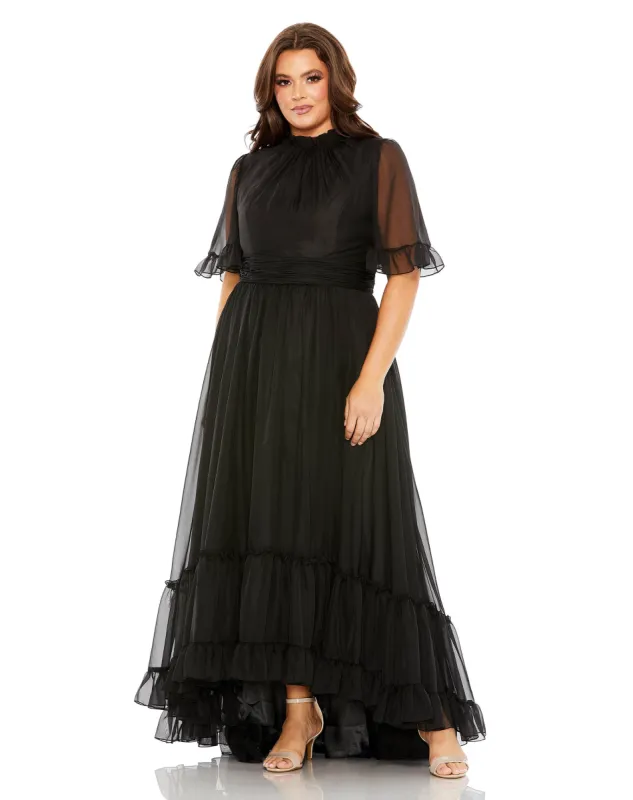 Black Ruffle Tiered High Low Flutter Sleeve Gown (Plus) sold by Mac Duggal