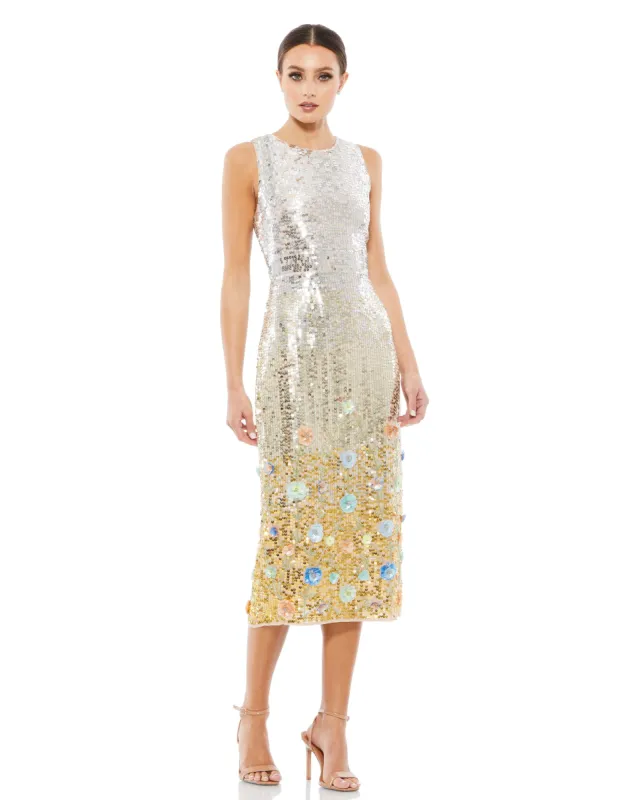Silver High Neck Midi Sequin Dress with 3D Flowers sold by Mac Duggal