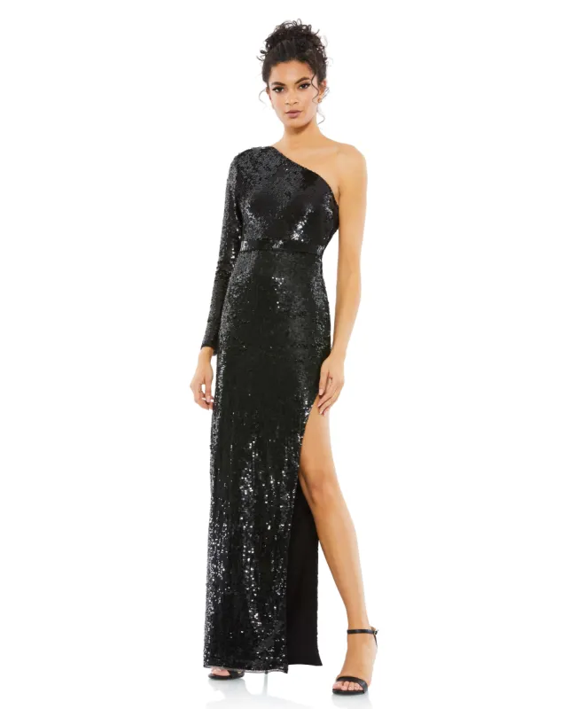 Black Sequined One Sleeve Column Gown made by Mac Duggal