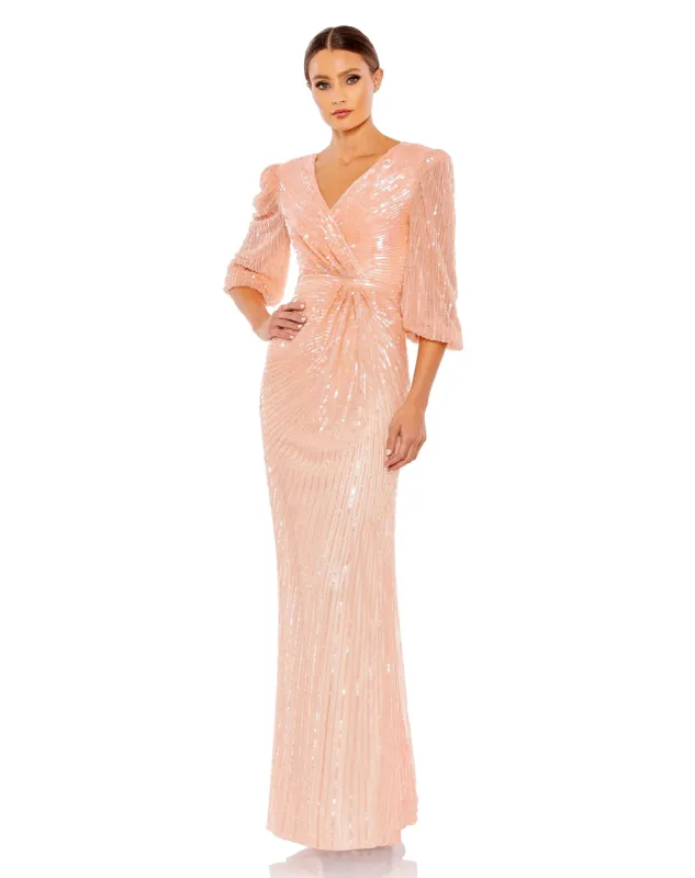 Pink Sequined Faux Wrap Puff Sleeve Gown sold by Mac Duggal