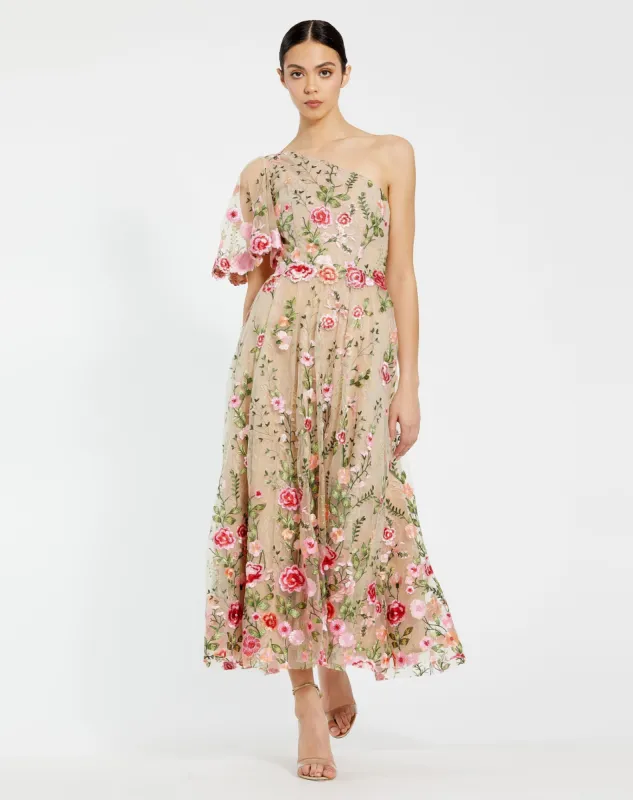 Pink One Shoulder Lace Embroidered Dress sold by Mac Duggal