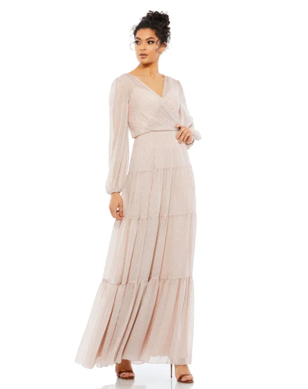 Pink V Neck Tiered Ruffle Gown sold by Mac Duggal