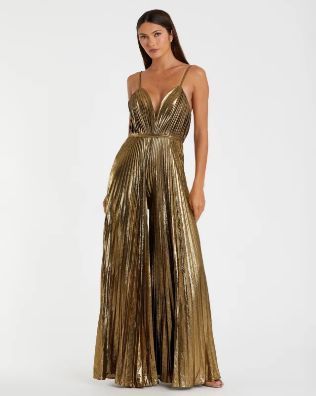 Gold Metallic Pleated V-Neck Jumpsuit sold by Mac Duggal