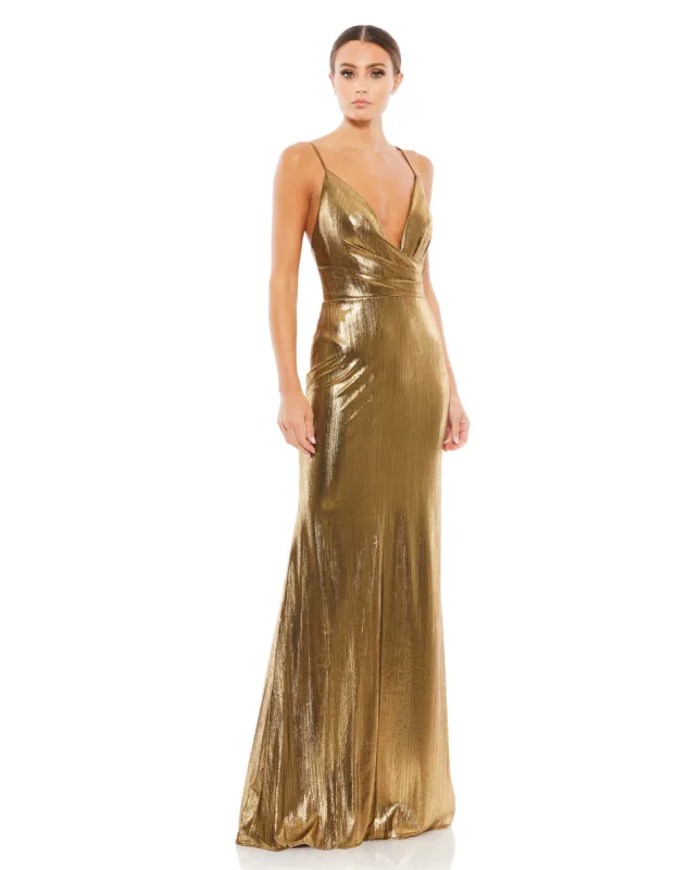 Silver Metallic Faux Wrap Spaghetti Strap Gown sold by Mac Duggal