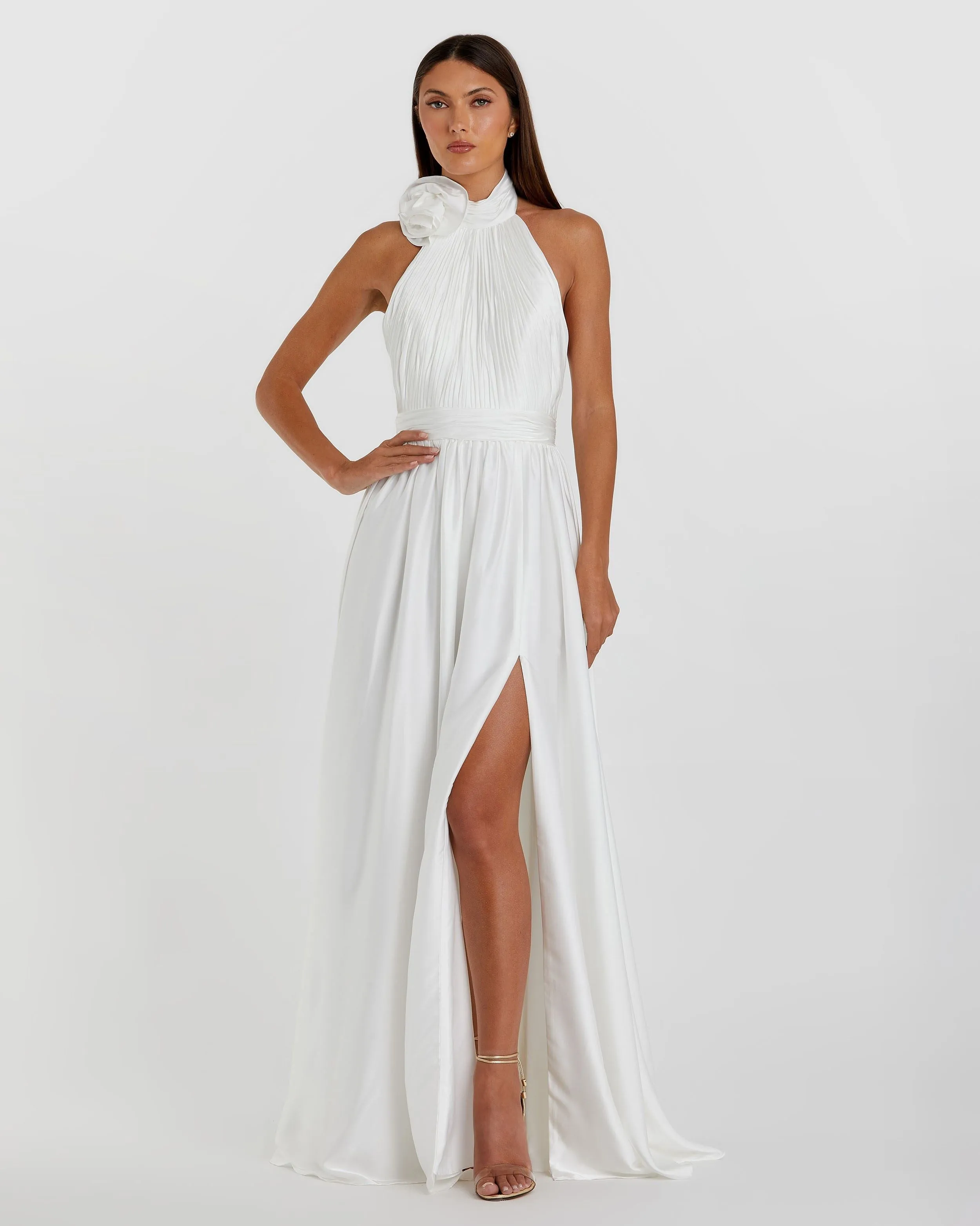Green Halter Neck Open Back Satin Gown With Slit sold by Mac Duggal product image thumbnail 4