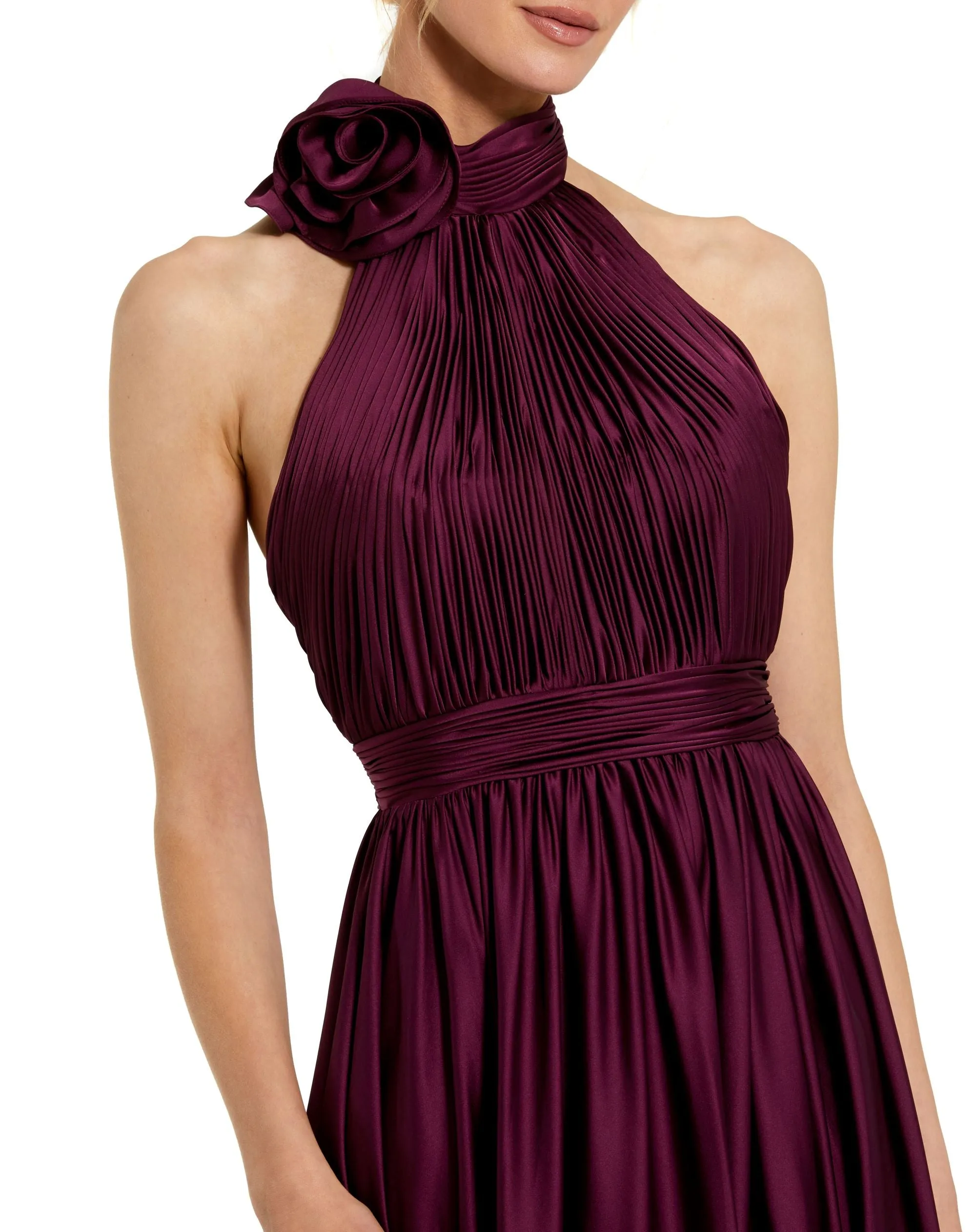 Green Halter Neck Open Back Satin Gown With Slit sold by Mac Duggal
