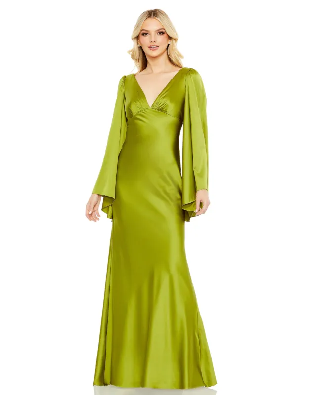 Green Charmeuse Bell Sleeve Empire Waist Gown sold by Mac Duggal