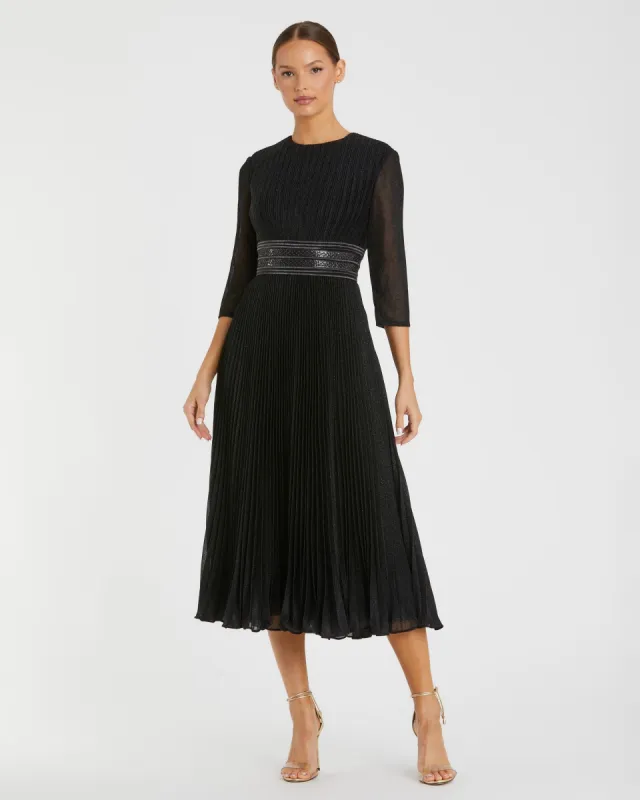 Black Shimmering 3/4 Sleeve A-Line Midi Dress sold by Mac Duggal