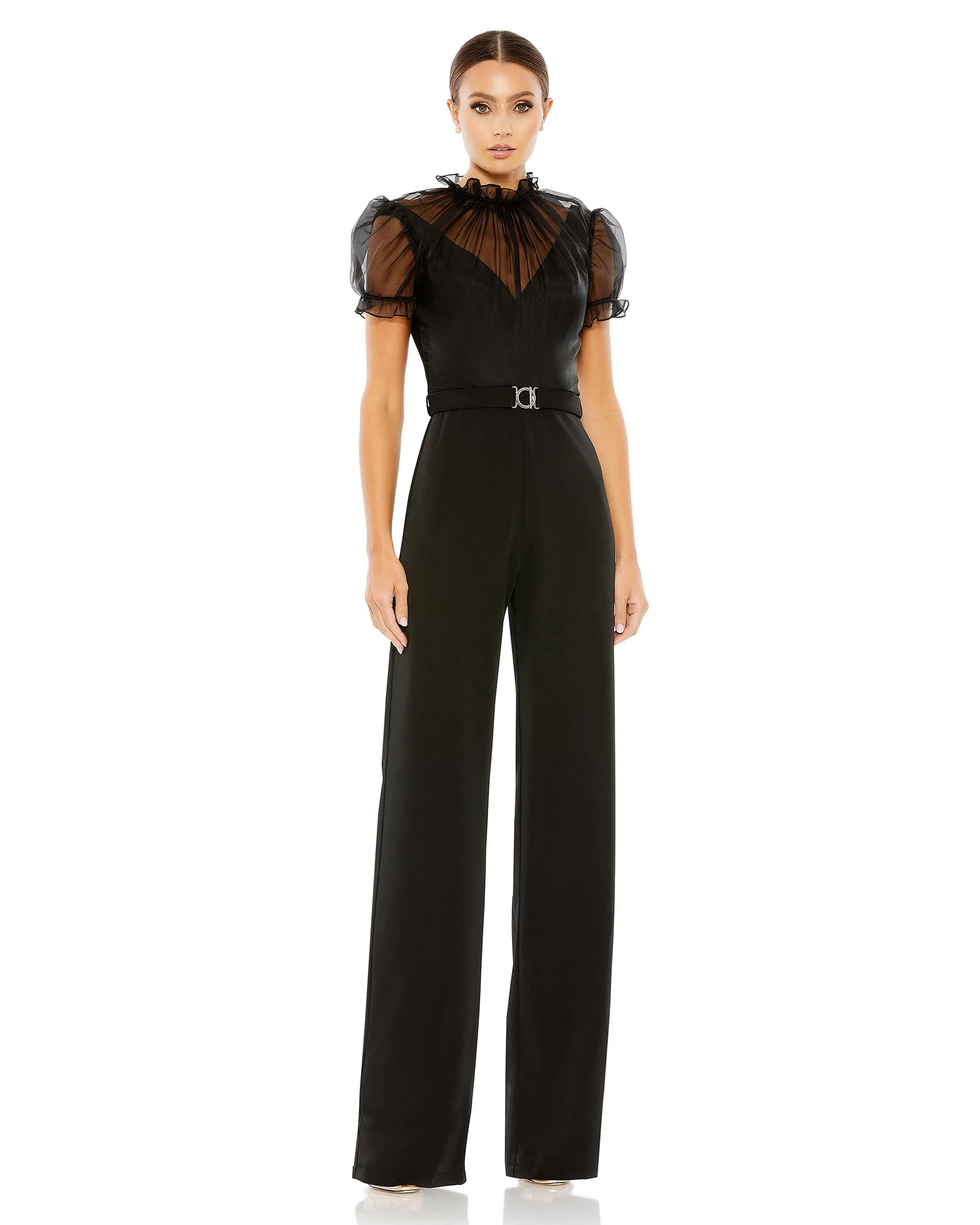 Black Belted Illusion High Neck Cap Sleeve Jumpsuit sold by Mac Duggal