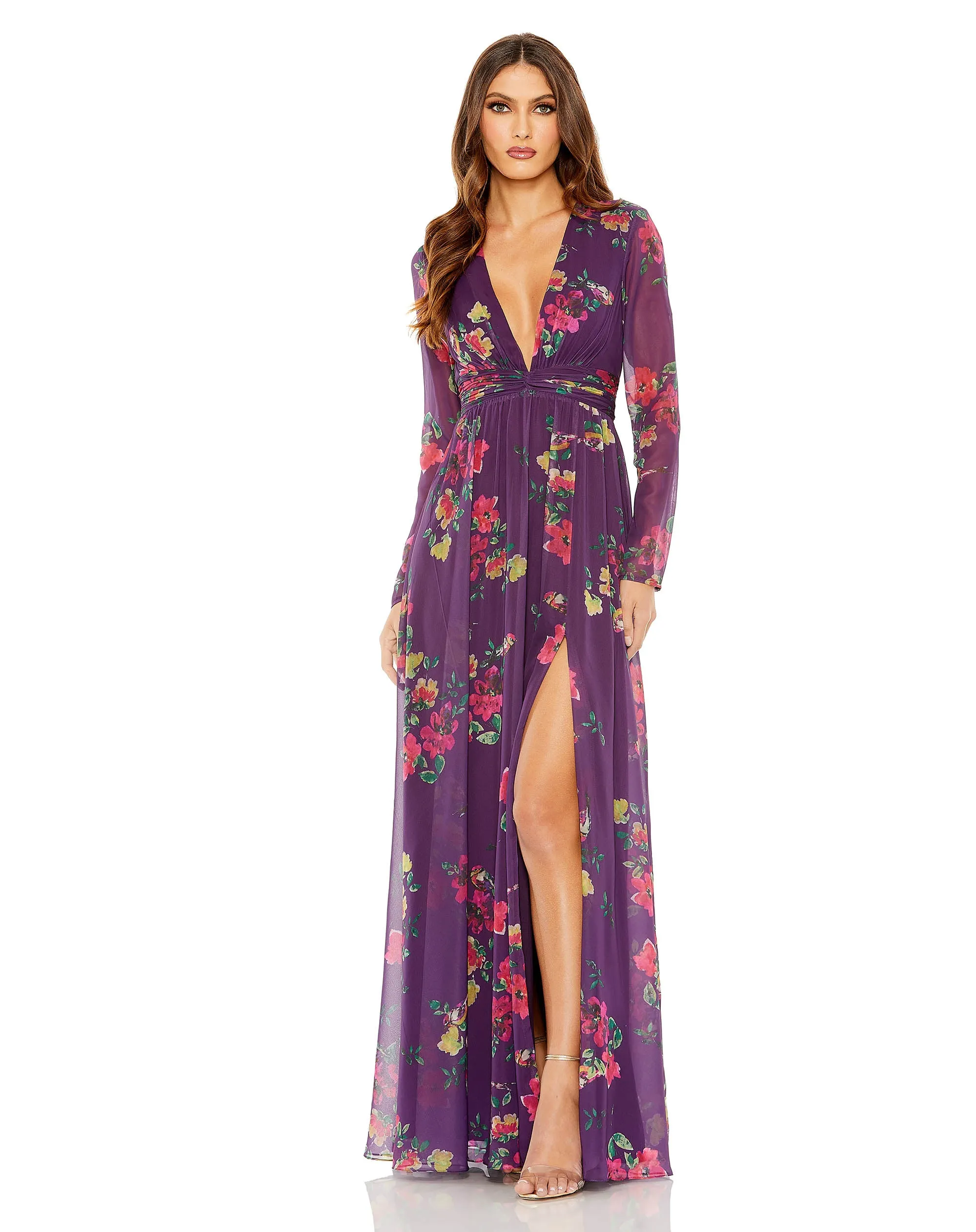 Purple Long Sleeve Ruched Top Deep V-Neckline Gown sold by Mac Duggal