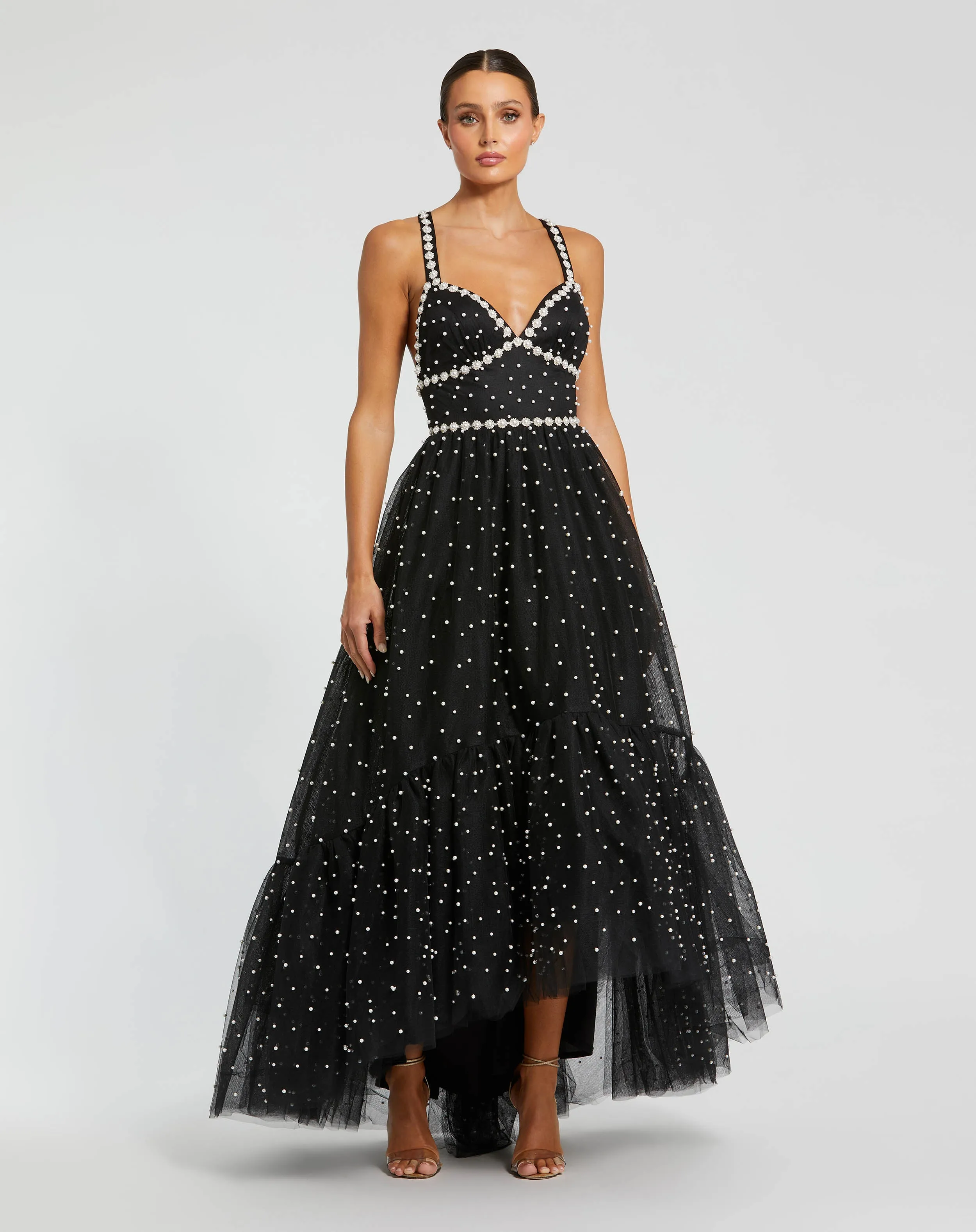 Black Pearl Beaded High Low Gown sold by Mac Duggal