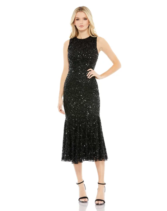 Black Sequined High Neck Sleeveless Flared Dress sold by Mac Duggal