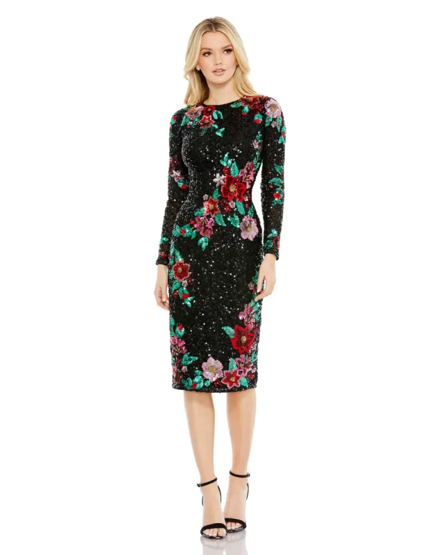 Black Embellished High Neck Cascading Floral Dress sold by Mac Duggal