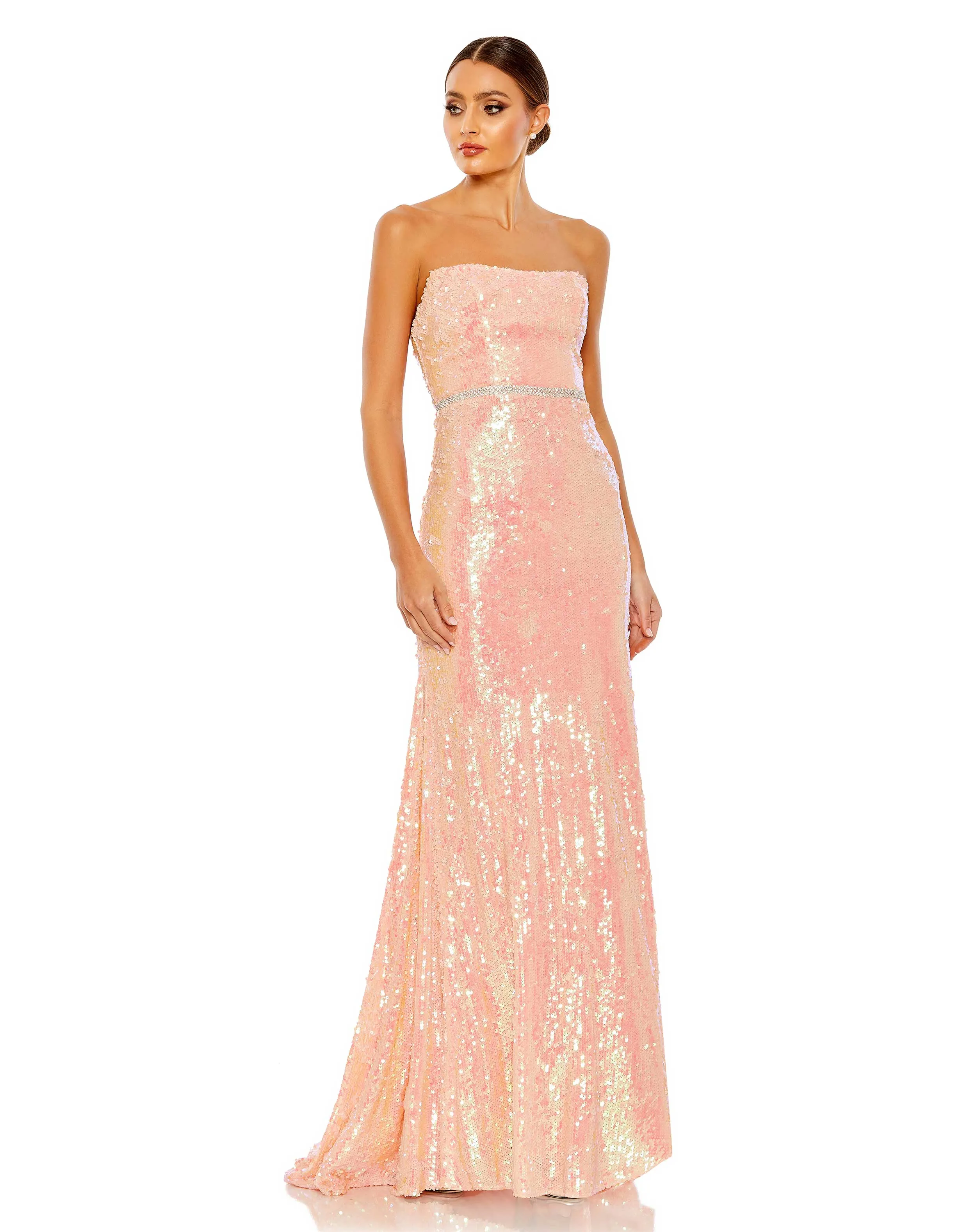 Pink Sequined Strapless Rhinestone Belt Gown sold by Mac Duggal