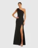 Black Crepe One Shoulder Fitted Evening Gown With Bow sold by Mac Duggal