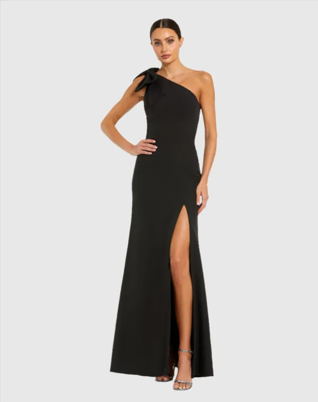 Black Crepe One Shoulder Fitted Evening Gown With Bow sold by Mac Duggal