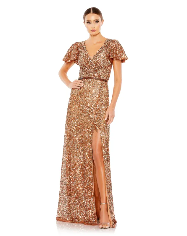 Black and Gold Sequined Wrap Over Butterfly Sleeve Draped Gown sold by Mac Duggal