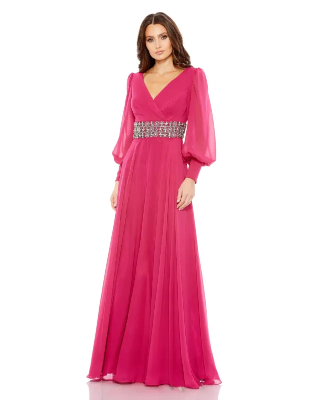 Pink Bishop Sleeve Wrap Over Belt Detail Flowy Gown sold by Mac Duggal