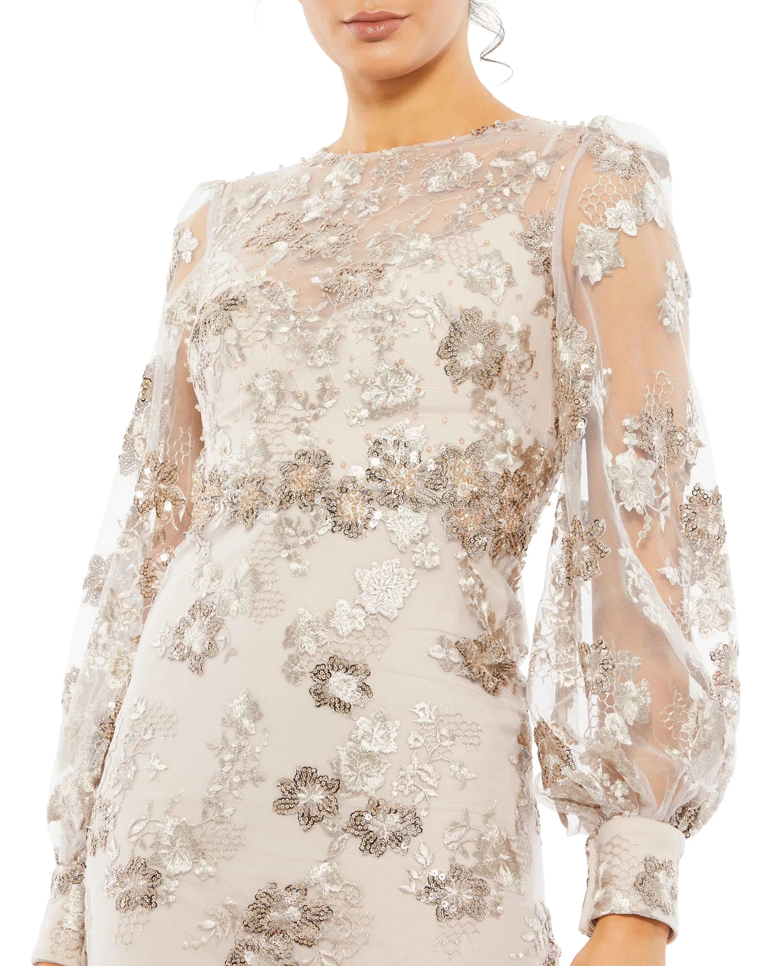 Beige Embellished High Neck Illusion Long Sleeve Midi Dress sold by Mac Duggal product image thumbnail 2