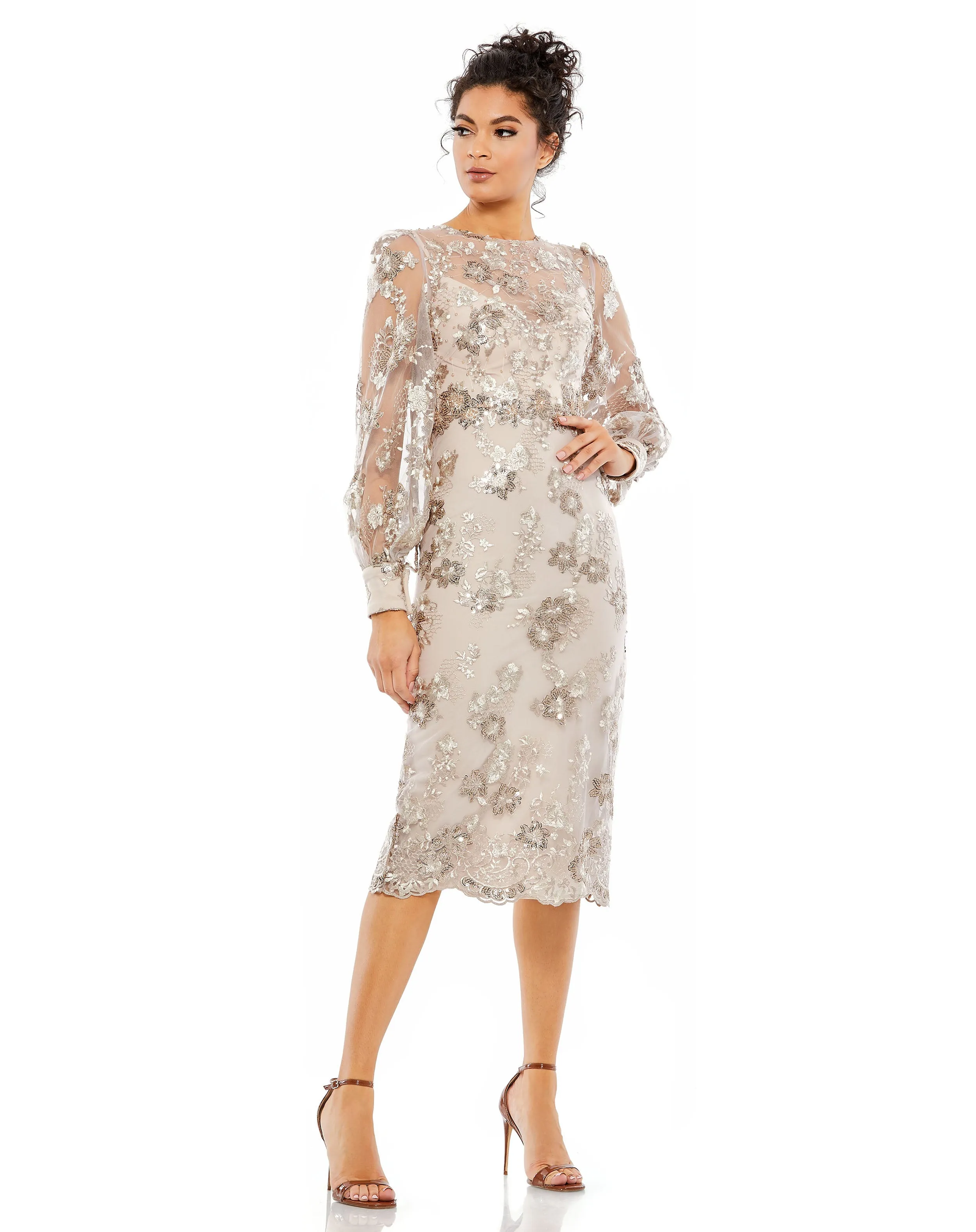 Beige Embellished High Neck Illusion Long Sleeve Midi Dress sold by Mac Duggal