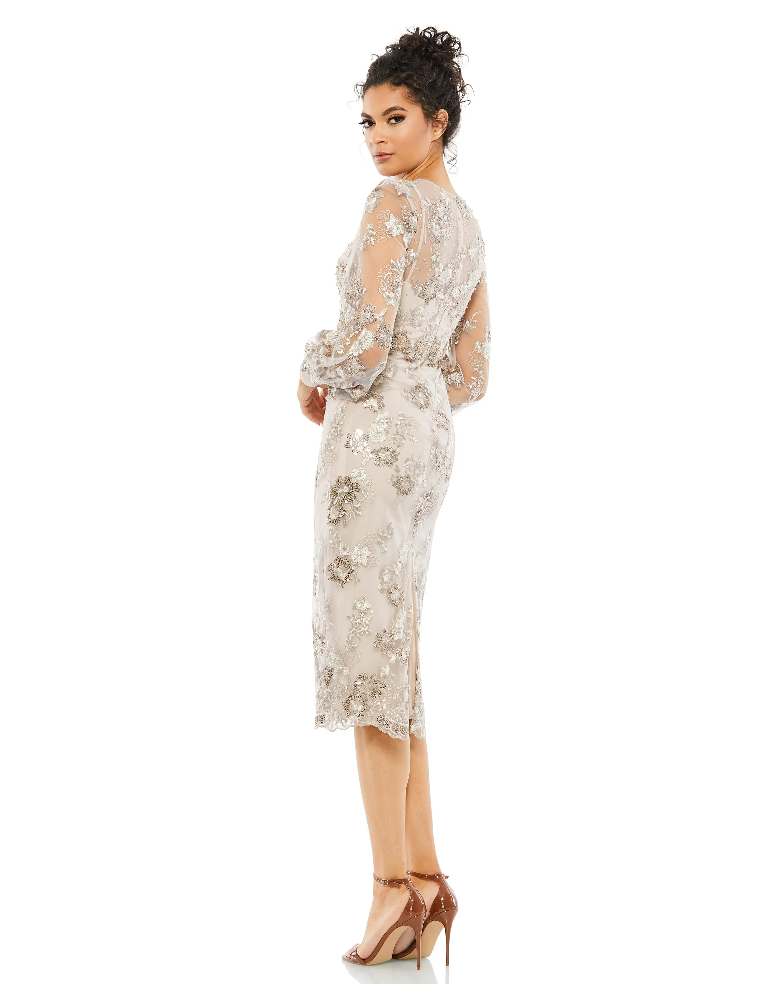 Beige Embellished High Neck Illusion Long Sleeve Midi Dress sold by Mac Duggal product image thumbnail 3