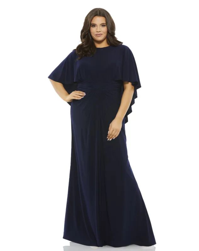 Navy Jersey Cape Sleeve A Line Gown (Plus) sold by Mac Duggal