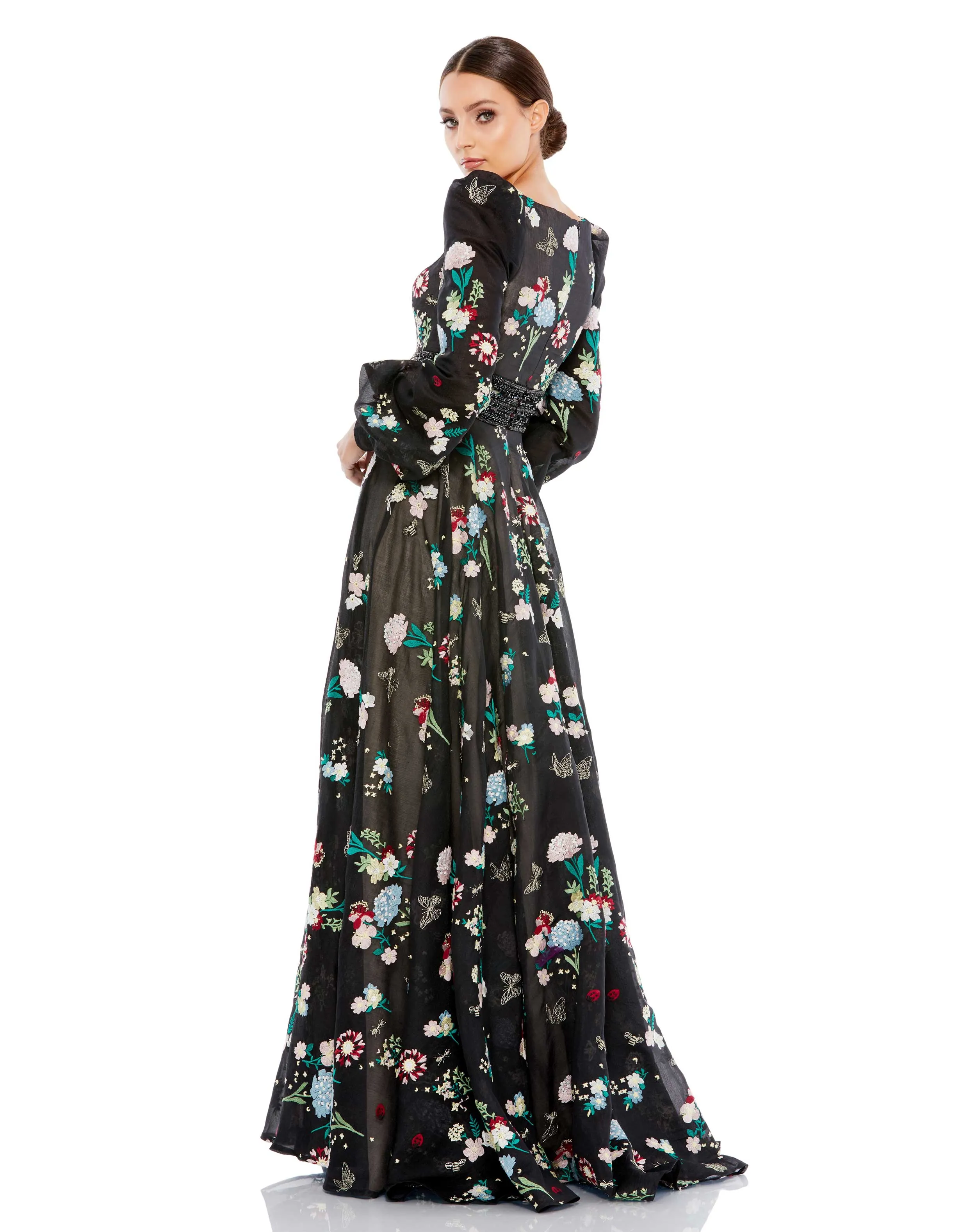 Black Embroidered Bishop Sleeve V Neck Flowy Gown sold by Mac Duggal product image thumbnail 3