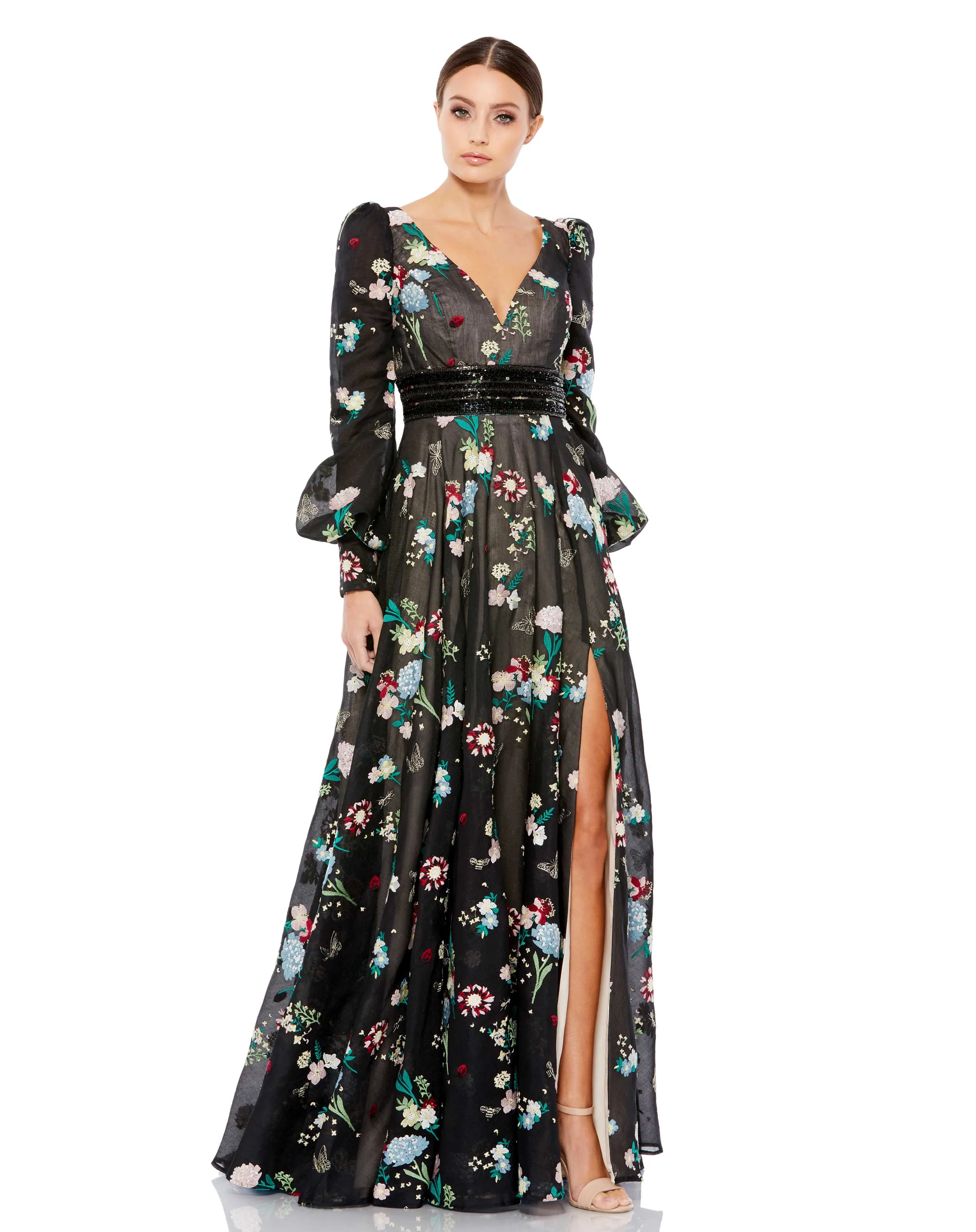 Black Embroidered Bishop Sleeve V Neck Flowy Gown sold by Mac Duggal