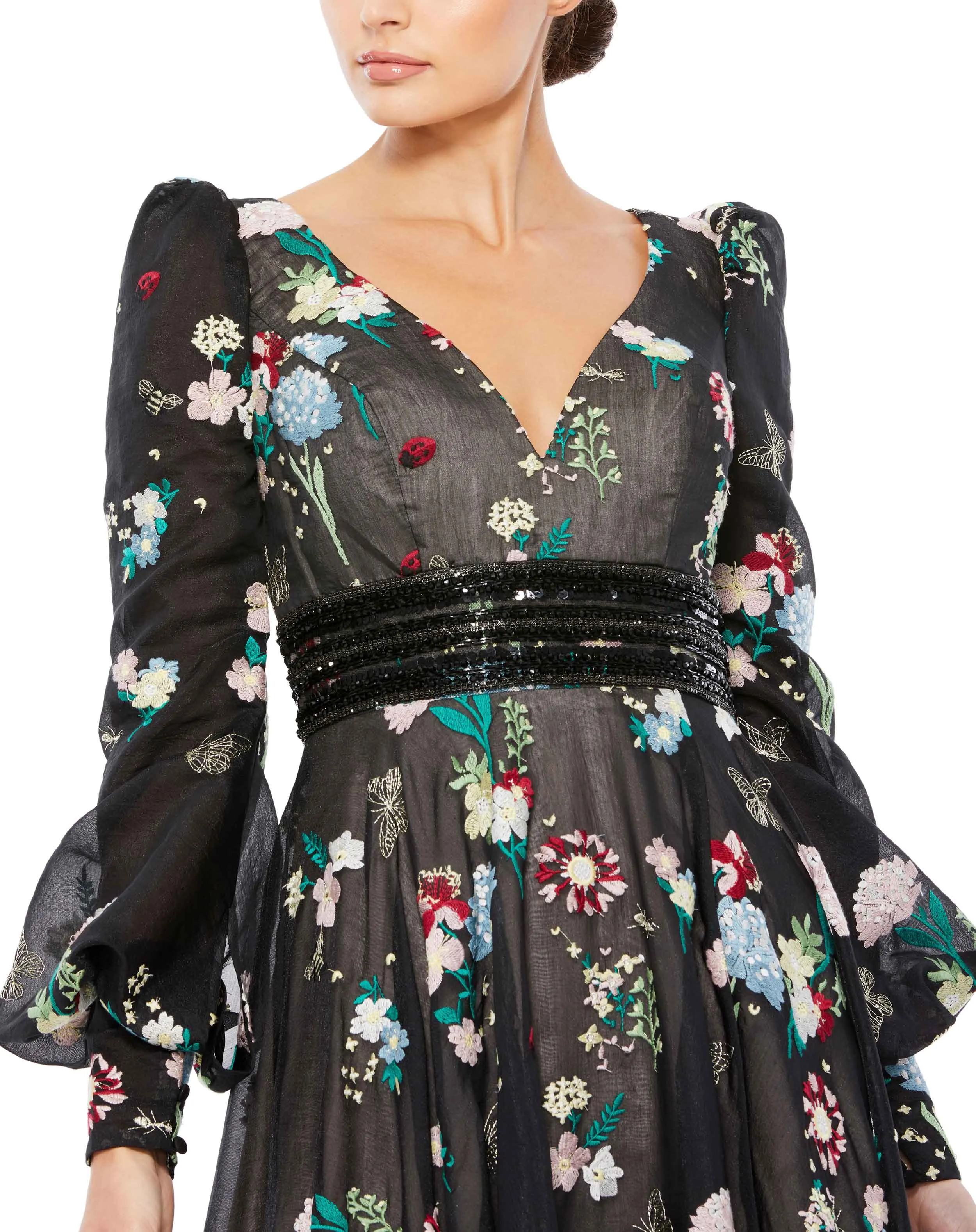 Black Embroidered Bishop Sleeve V Neck Flowy Gown sold by Mac Duggal product image thumbnail 2