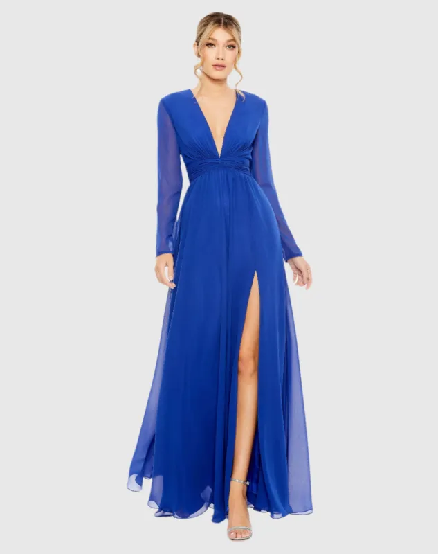 Blue V-Neck Front Twist Long Sleeve Gown sold by Mac Duggal