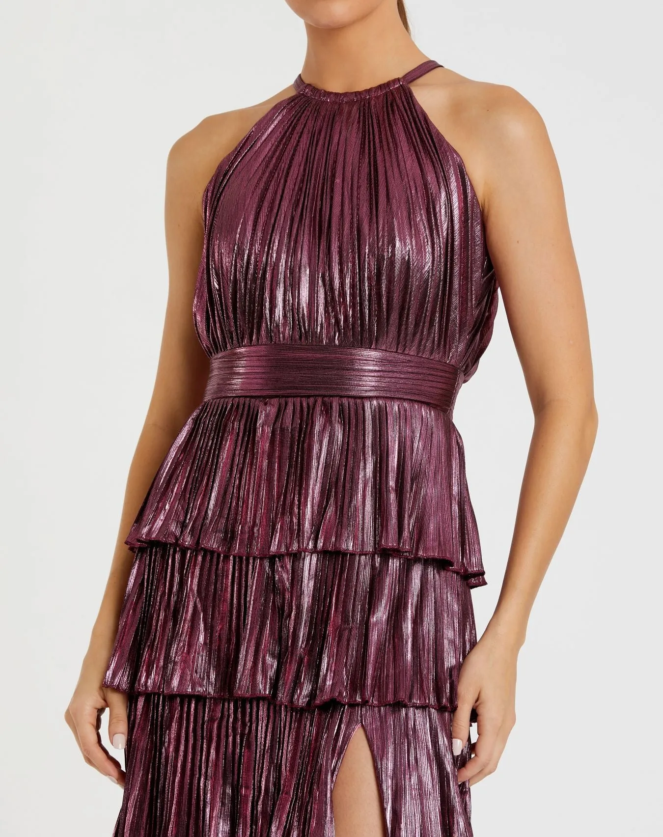 Purple High Neck Pleated Tiered Ruffle Metallic Gown sold by Mac Duggal product image thumbnail 2