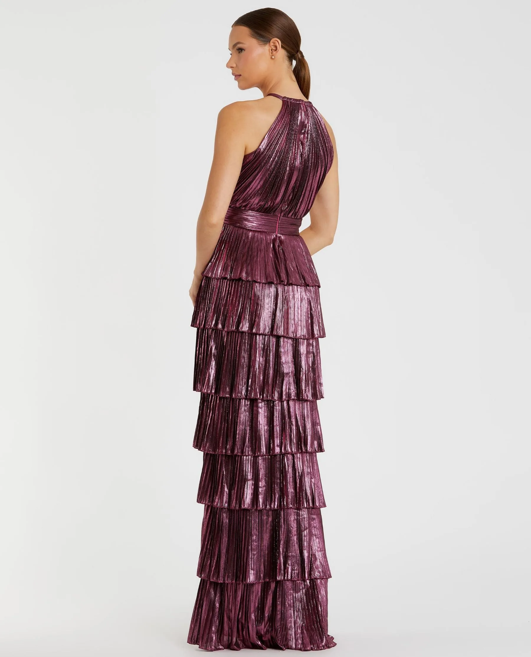 Purple High Neck Pleated Tiered Ruffle Metallic Gown sold by Mac Duggal product image thumbnail 3