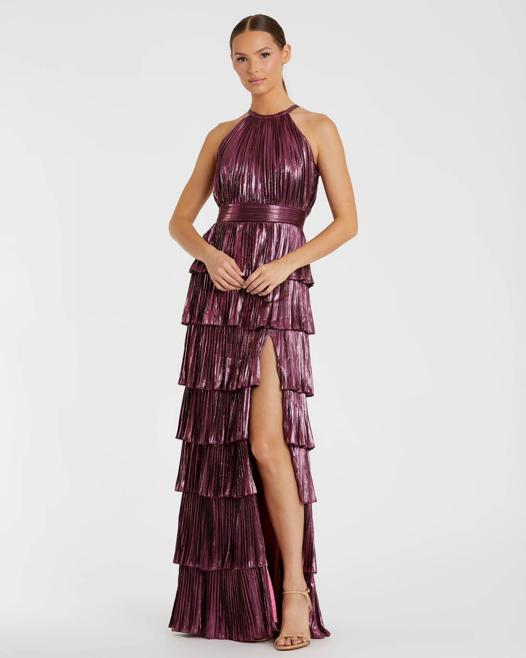 Purple High Neck Pleated Tiered Ruffle Metallic Gown sold by Mac Duggal