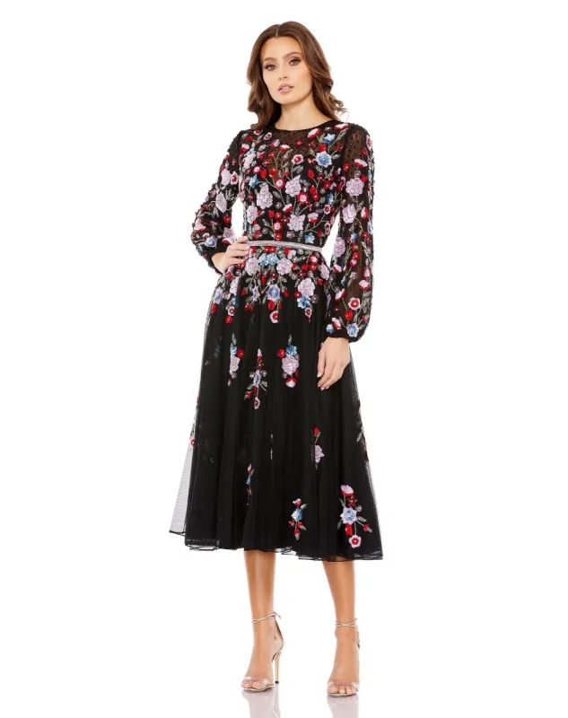 Black Sequined Floral High Neck Puff Sleeve Cocktail Dress sold by Mac Duggal
