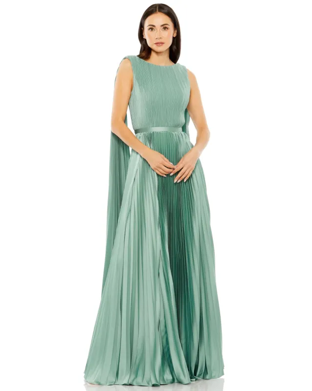 Green Sleeveless High Neck Cape Back Heat Pleated Gown sold by Mac Duggal