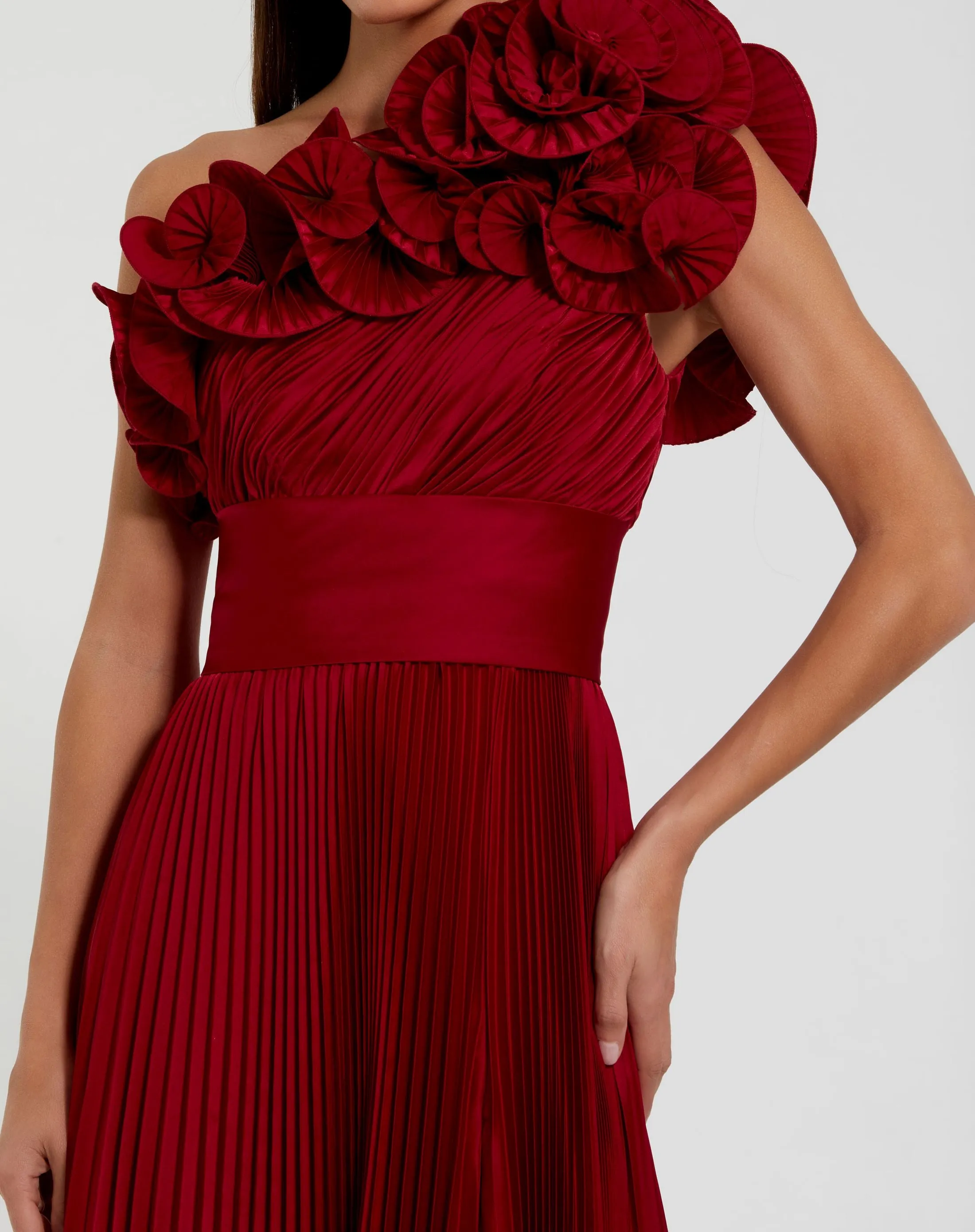Red Pleated Charmeuse One-Shoulder Evening Gown with Ruffle Detail sold by Mac Duggal product image thumbnail 2