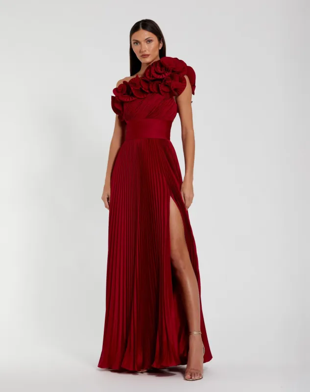 Red Pleated Charmeuse One-Shoulder Evening Gown with Ruffle Detail sold by Mac Duggal