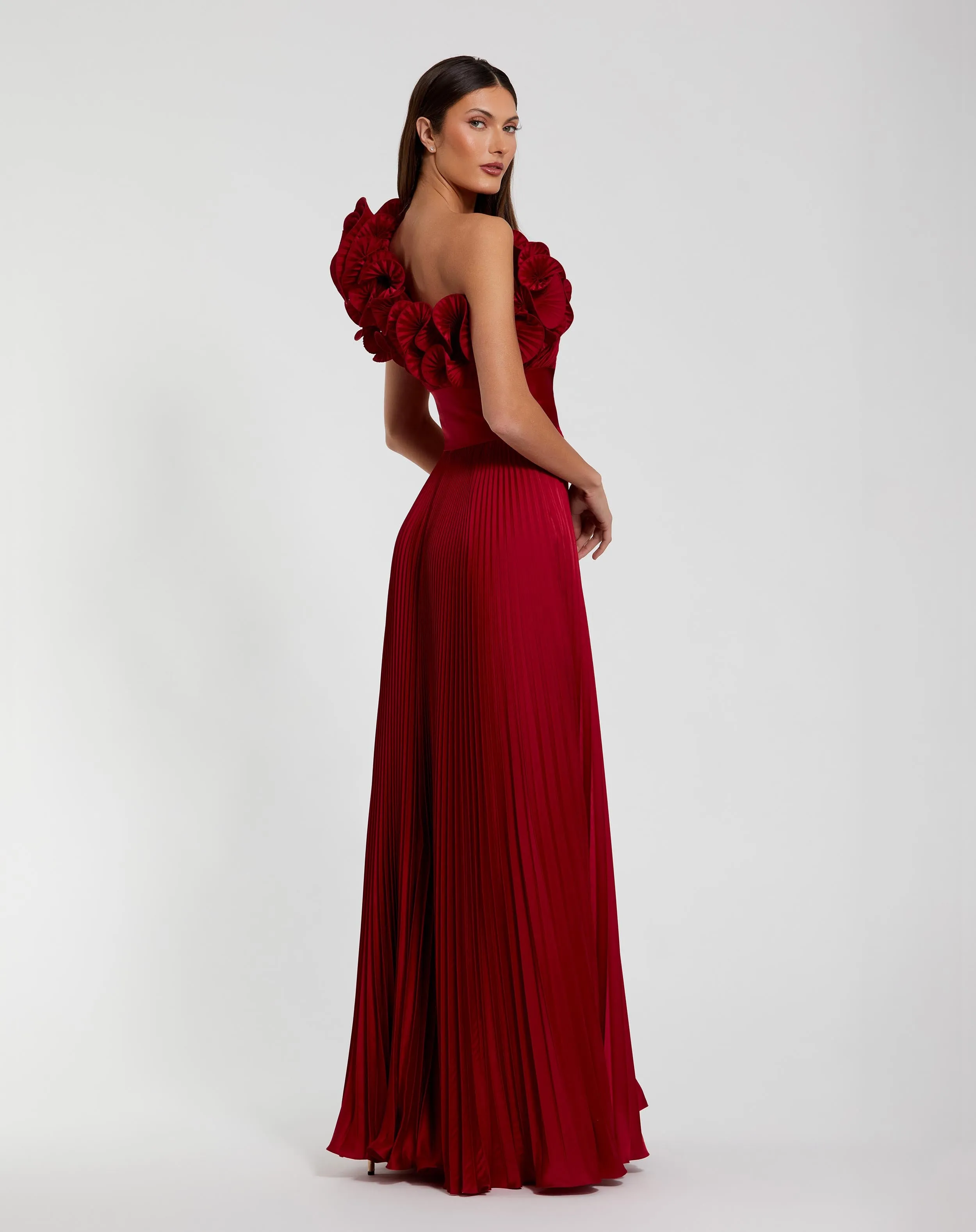 Red Pleated Charmeuse One-Shoulder Evening Gown with Ruffle Detail sold by Mac Duggal product image thumbnail 3