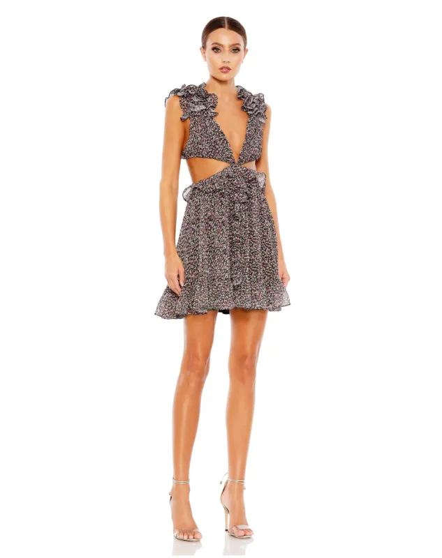 Ruffled Cut Out Sleeveless V Neck Mini Dress | Sample | Sz. 2 sold by Mac Duggal